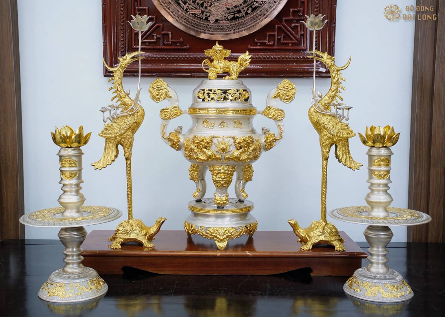 Bộ Đỉnh Đồng Ngũ Sự Kim Bảo Mạ Bạc Vàng tại Đồ Đồng Đại Long