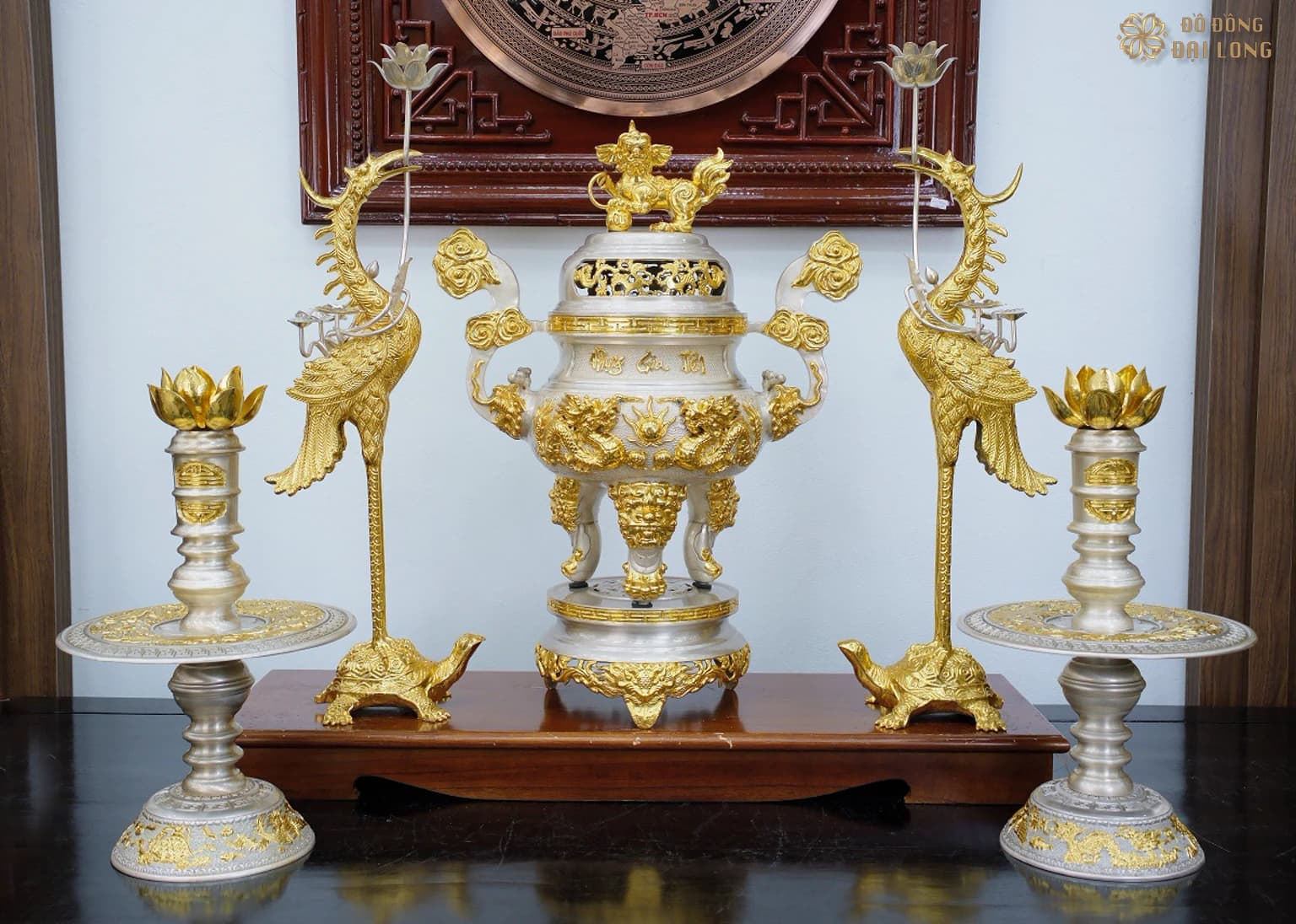 Bộ Đỉnh Đồng Ngũ Sự Kim Bảo Mạ Bạc Vàng tại Đồ Đồng Đại Long