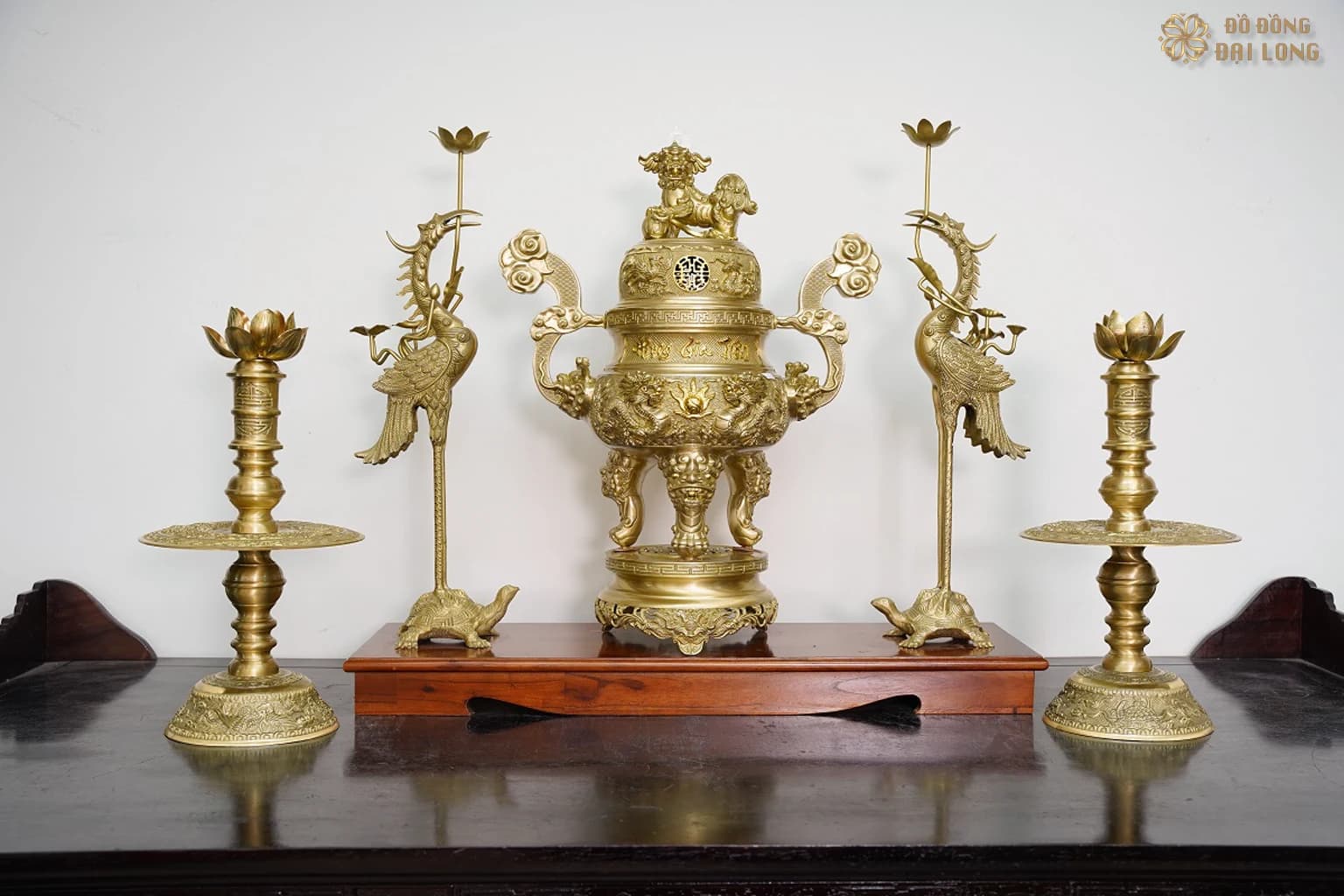 Bộ ngũ sự Song Long Tứ Linh Phụng Gia Tiên 65 cm tại Đồ Đồng Đại Long